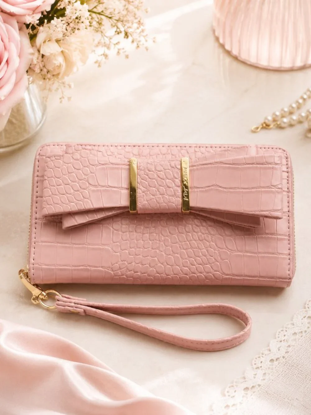 Betsey Johnson Pale Pink Croc Embossed Bow Wallet Wristlet NWT
